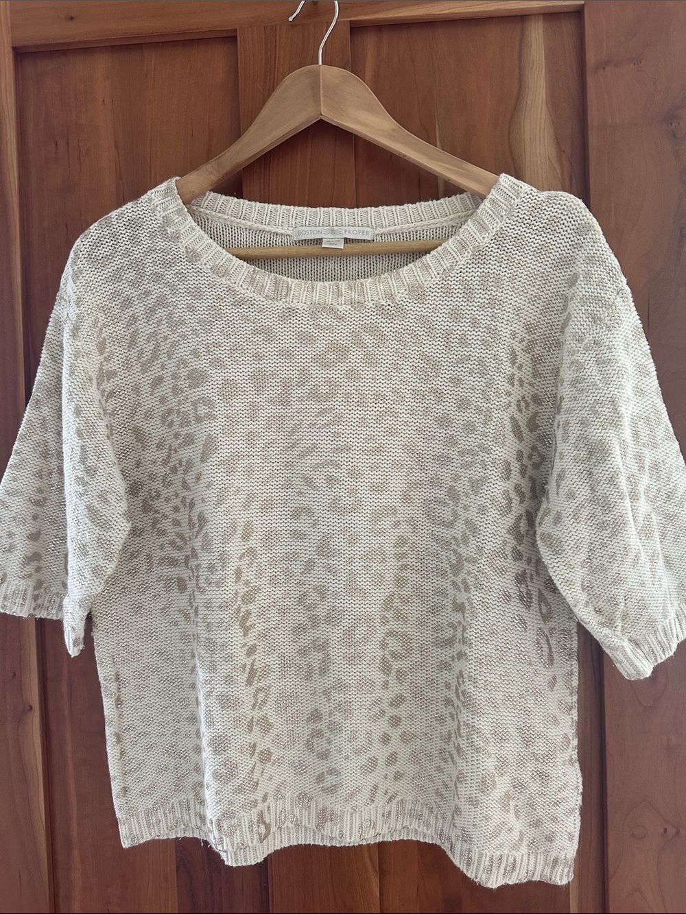 Boston Proper Cream Leopard Knit Short-Sleeve Sweater